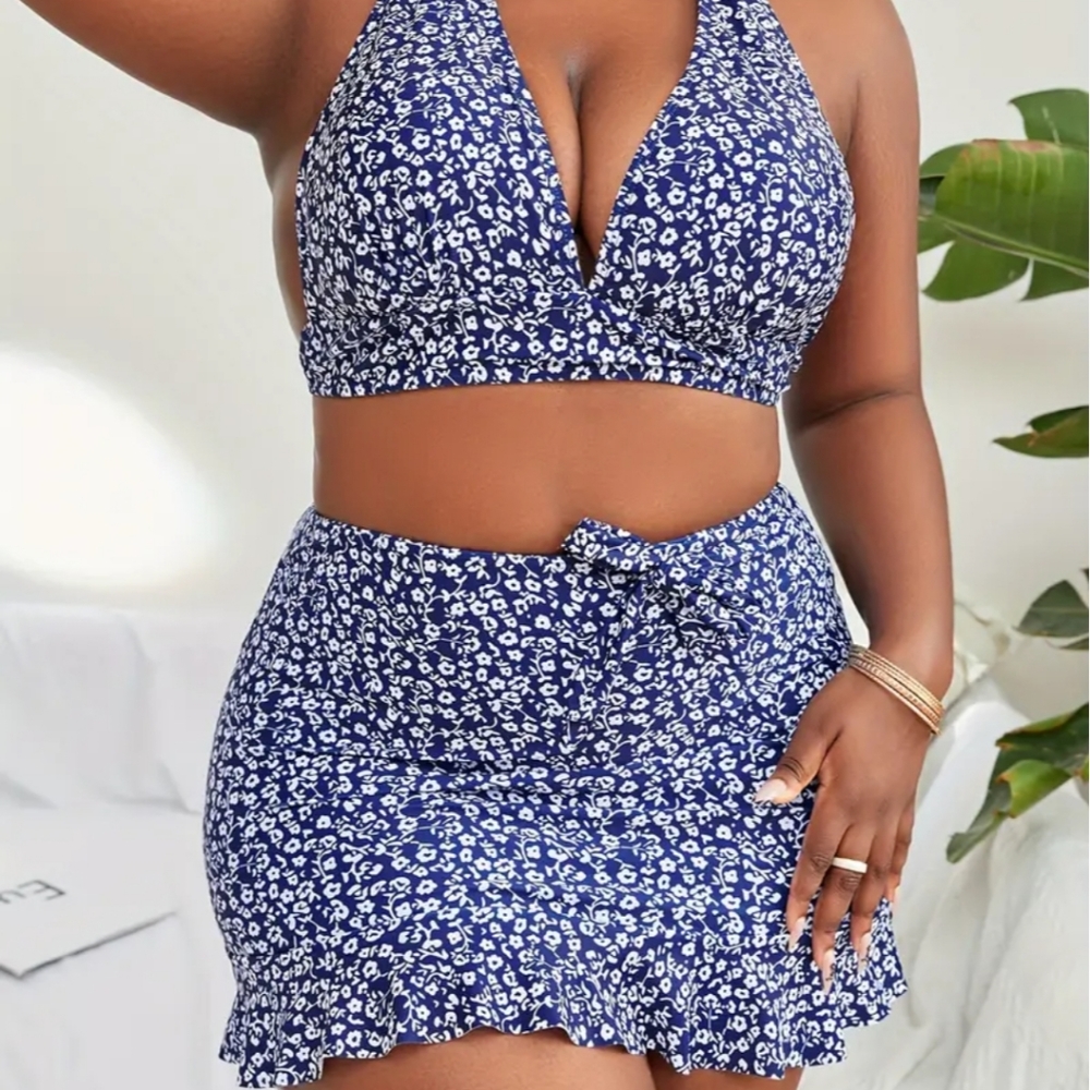 Floral Blue Halter Bikini Set